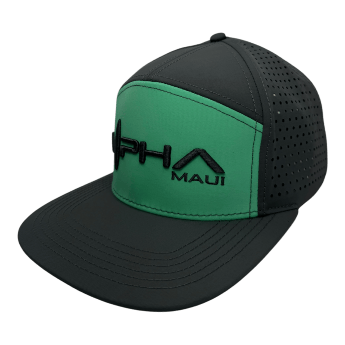 The Alpha Maui Hydro Clad is a black and green baseball cap featuring perforated sides for ventilation. It has a black stitched "PHA MAUI" logo on the front panel and a slightly curved brim.