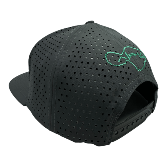The Alpha Maui Hydro Clad is a black perforated baseball cap with an adjustable strap, flat brim, and green "AFH" embroidery on the back; perfect for modern casual wear.