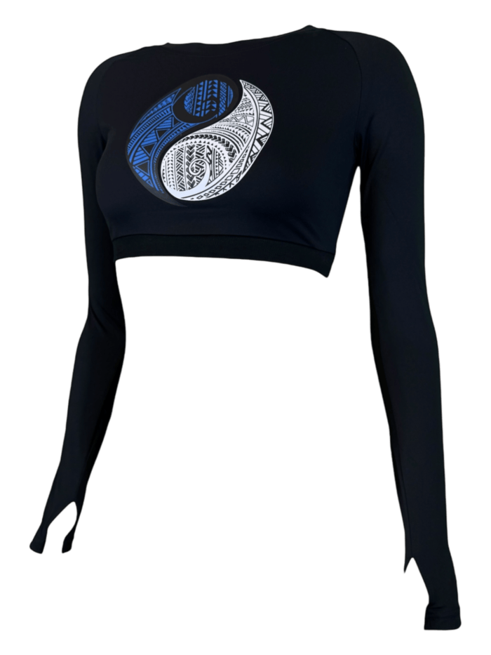 The Balance Long Sleeve Top is a black cropped shirt featuring a yin-yang symbol with detailed blue and white patterns on the front.