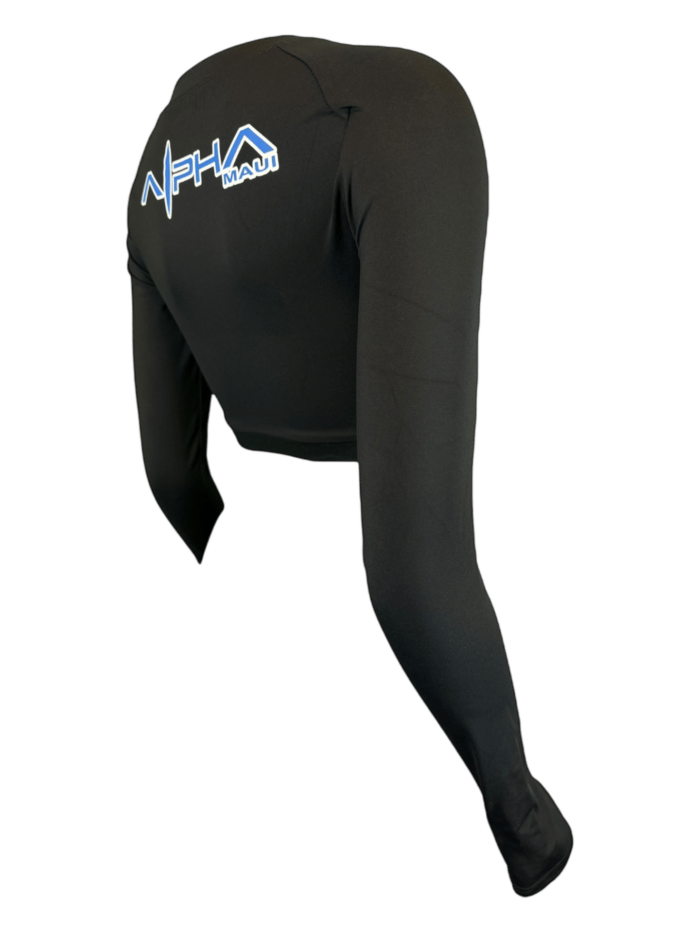 A black compression garment for the lower body with "Alpha" in white and "Hault" in blue on the back, shown on a display form against a white background.