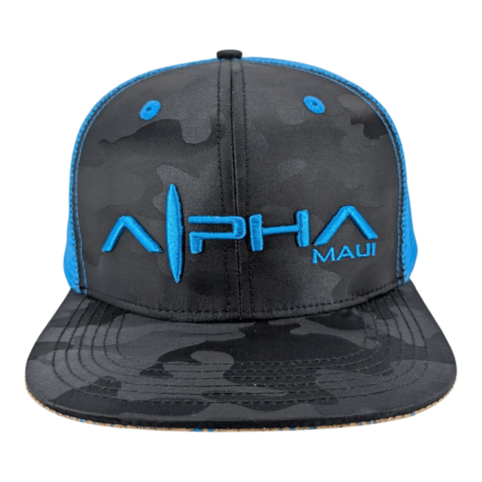 Black and blue camo-patterned "Winter Souljah" cap featuring large blue "Alpha" lettering, smaller blue "Maui" text, along with blue accents and mesh sides.