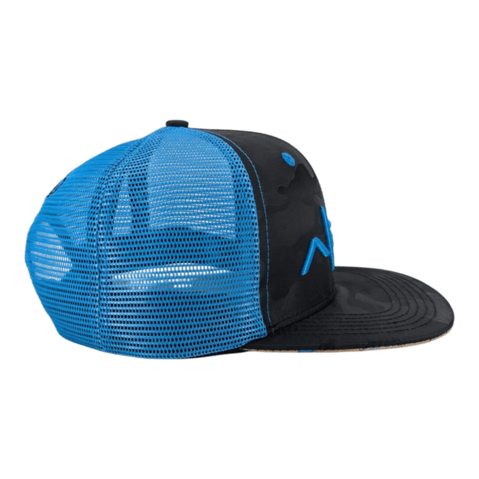 The Winter Souljah is a black and blue mesh trucker cap with a flat brim, featuring a blue graphic design on the front and blue mesh panels on the sides and back for ventilation.