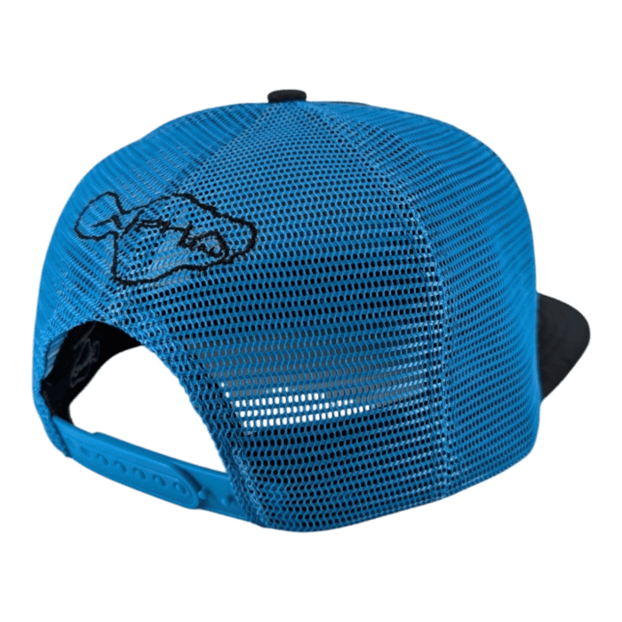 The Alpha Maui Winter Souljah is a blue mesh trucker hat with a black front, an adjustable strap, and features a stitched design of a leaping fish on the back mesh panel.