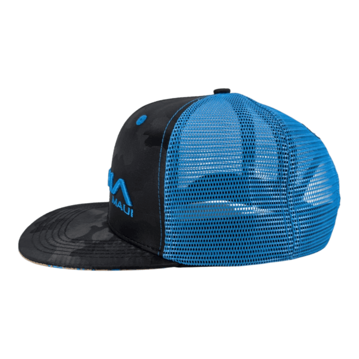 The Winter Souljah black baseball cap features blue mesh panels, a camo-patterned flat brim, and an embroidered design with blue text on the front.