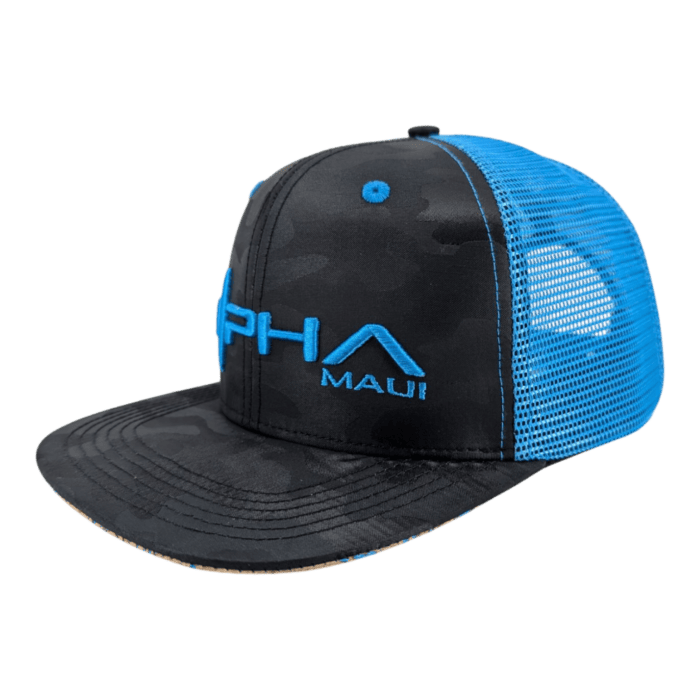 The Alpha Maui Winter Souljah is a black and blue trucker hat with a flat brim, mesh back, and "Maui" embroidered in blue on the front.