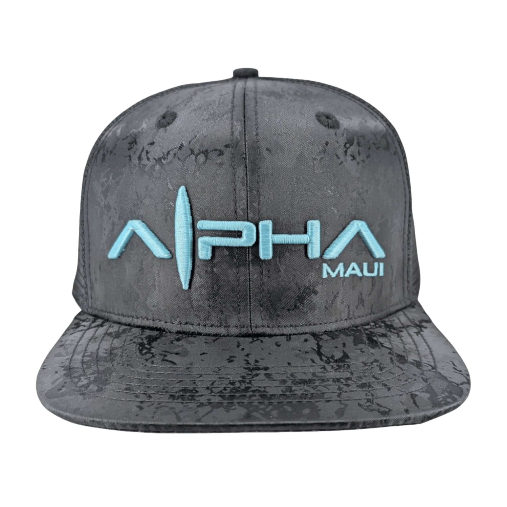 The Midnight Glow is a black snapback hat with a marble pattern, "ALPHA MAUI" embroidered in light blue, and a surfboard design integrated into the letter "A.