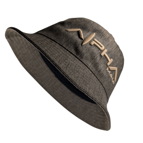 A dark gray Bucks Coconutz bucket hat with beige embroidered text and logo on the front, displayed on a transparent background.